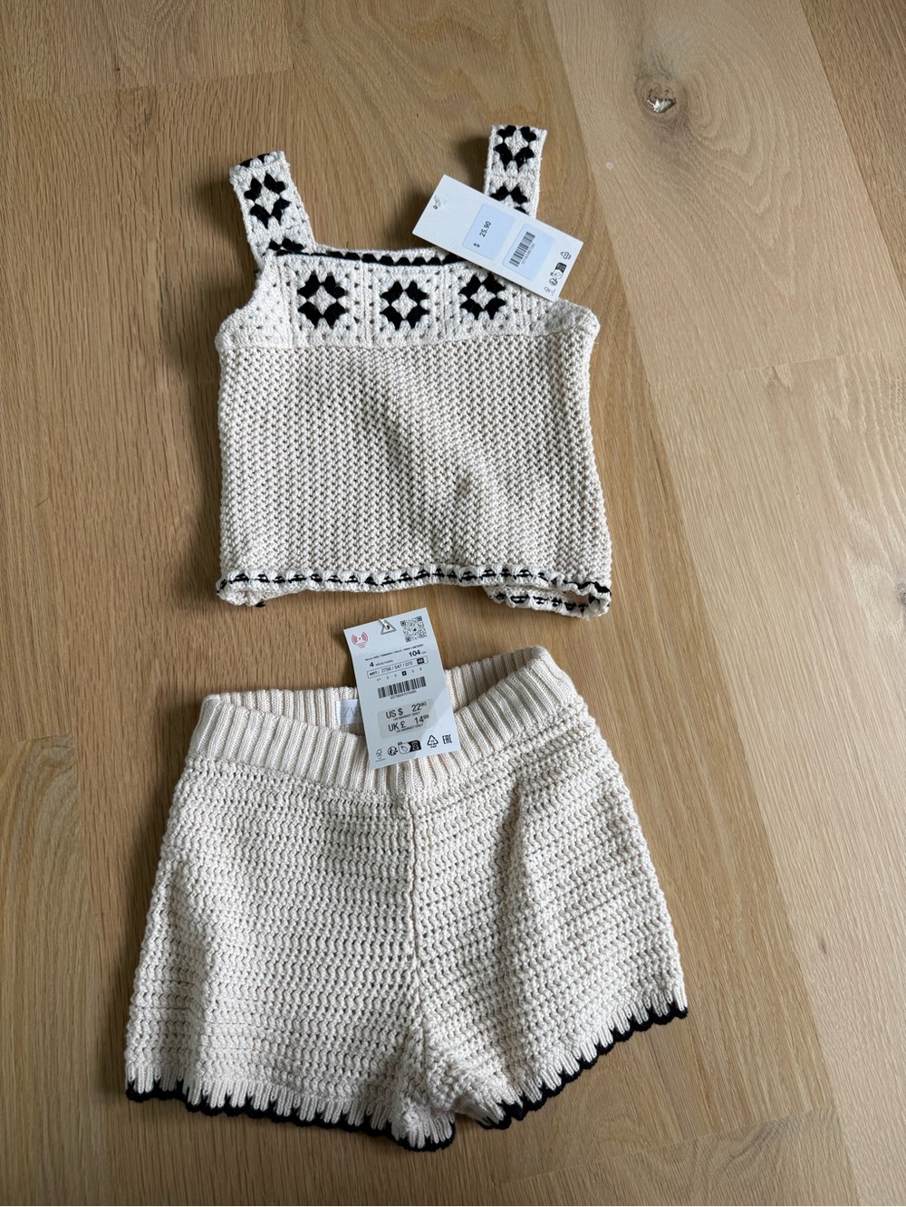 Cream Knit Cropped Tank & Shorts Set with Black Trim